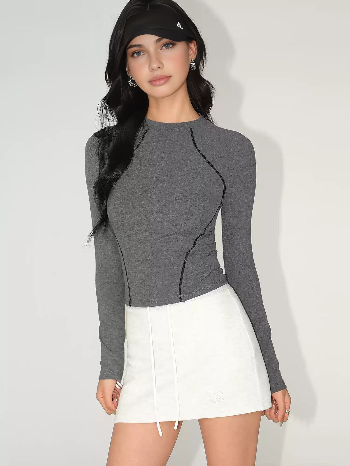Damen Slim Jersey Top Baumwolle mit Kontrastpaspelierung Long Sleeve