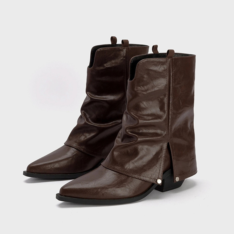 Damen Stiefel Leder Western Kurz Niedriger Absatz