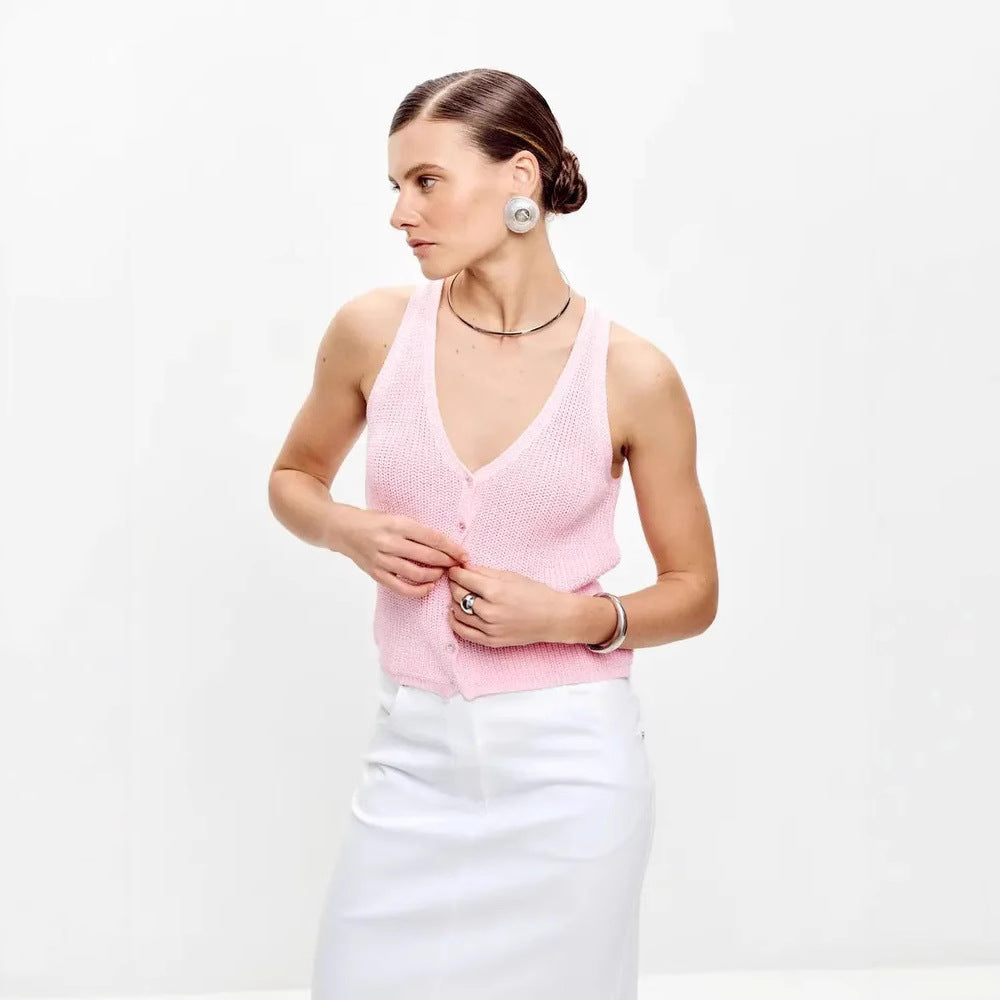 Damen Stricktop Baumwolle V-Ausschnitt