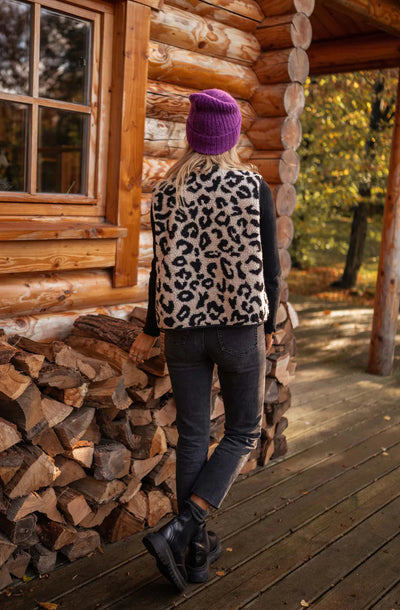 Damen Strickweste mit Leoparden-Print und Knopfverschluss