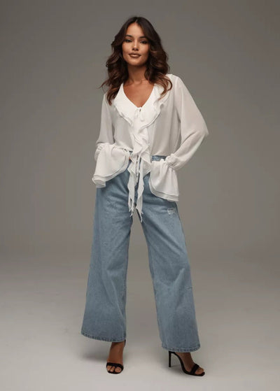 Damenbluse Chiffon Mit Rüschen V-Hals Für Festliche Anlässe Elegant