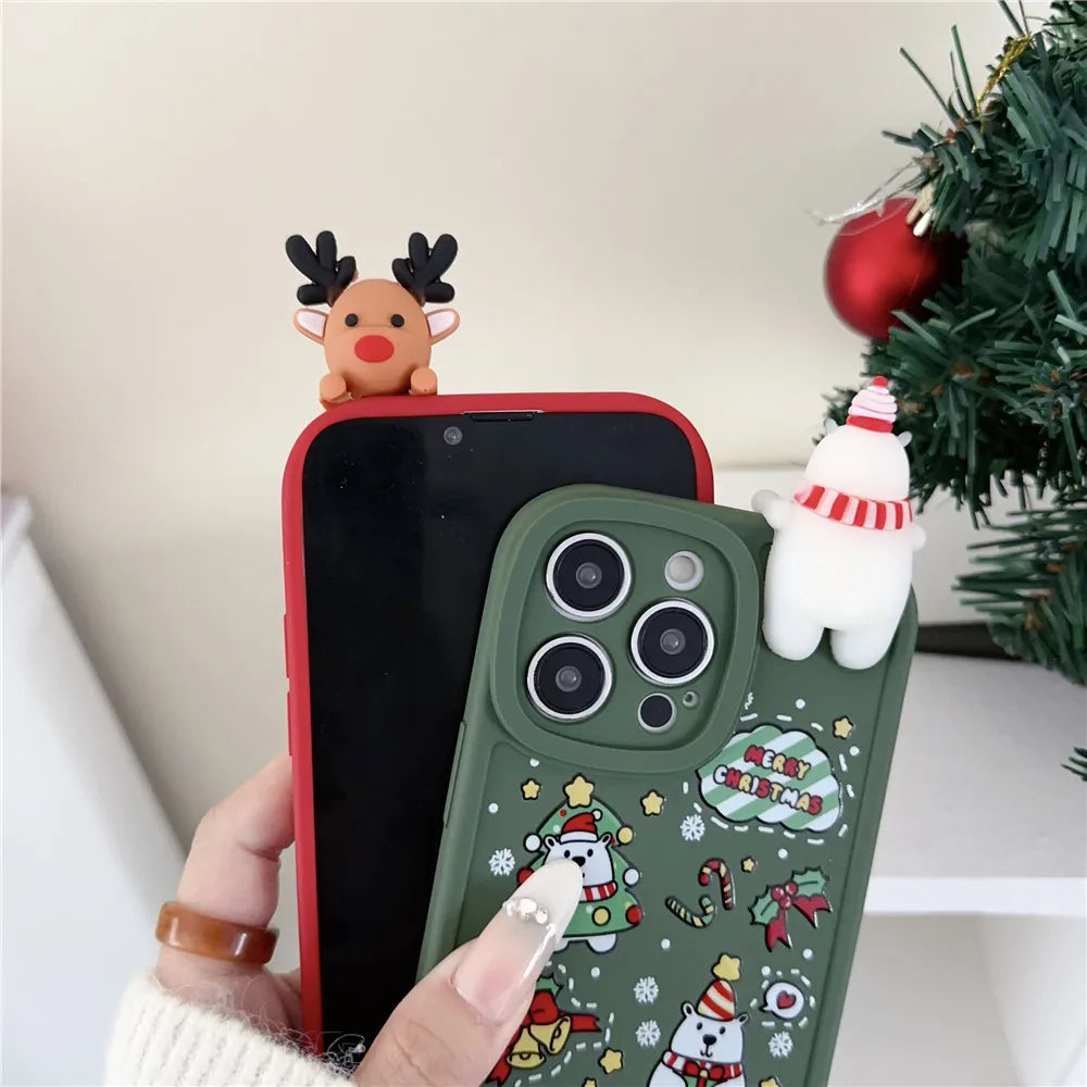 Festliche 3D Bären- & Rentier-Weihnachts-Hülle für iPhone – Weiche Silikonabdeckung