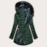 Warme Damen Daunenjacke mit Fellkapuze in Dunkelgrün