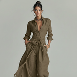 Ingeborg | Damen Jumpsuit Leinen Gürtel Hemdkragen – Leinen Overall Gürtel 2026 in Kaltes Braun