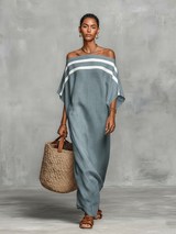 Minimalistisch Leinen Maxi Kleid in Hellblau