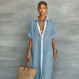 Johanna | Damen Maxikleid Leinenmischung Kurzarm – Leinen Maxi Kleid Sommer 2026 in Blau