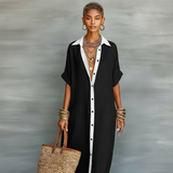 Johanna | Damen Maxikleid Leinenmischung Kurzarm – Leinen Maxi Kleid Sommer 2026 in Schwarz
