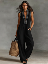 Hannelore | Damen Ärmelloser Jumpsuit Leinen Stickerei – Leinen Overall Stickerei 2026 in Schwarz