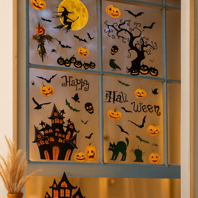 Gloomora | Halloween-Fensteraufkleber-Set mit Fledermäusen und Skeletten
