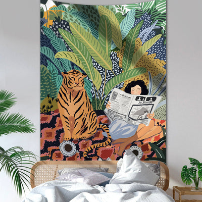 Jungle Tiger & Mädchen Wandteppich