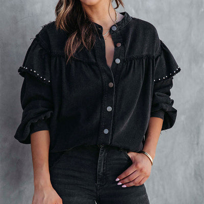 Bridget - Denim-Bluse mit Perlen und Rüschenärmeln
