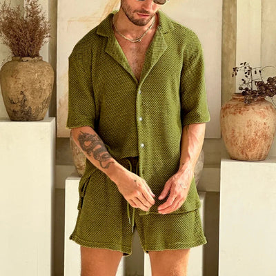 Lässiges Herren-Set aus Waffelstrick | Hemd & Shorts