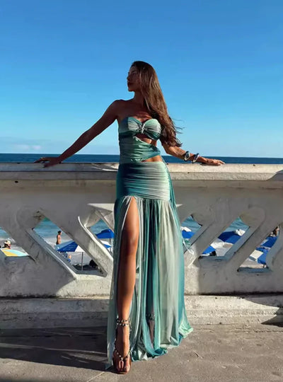 Maxi Sommerkleid mit Cut-Outs & Bandeau-Top – Farbverlauf Rot-Orange