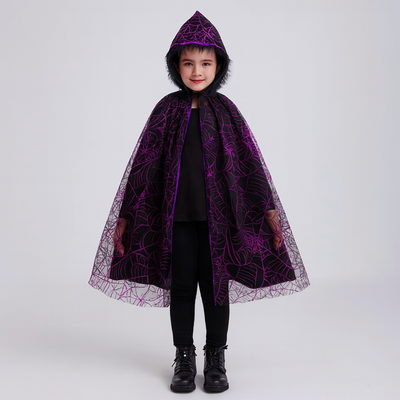 Noctira | Vintage-Halloween-Kapuzenumhang mit Spinnennetz- und Fledermaus-Print