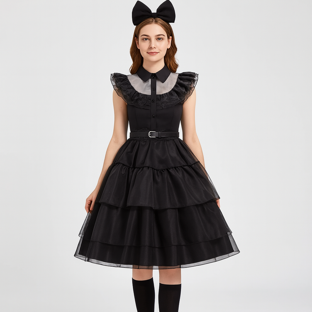 Nythera | Gothic Cosplay Netzkleid mit Lagenkragen