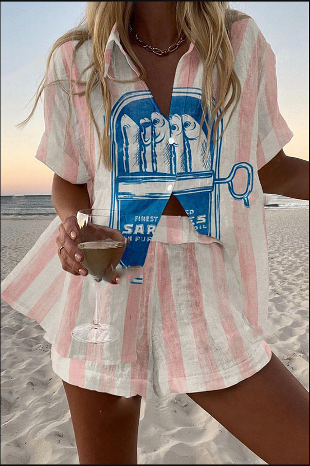 Silava  | Kurzer Leinenanzug mit Sardinen-Print