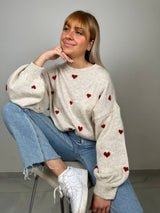 Damen nan oversized Strickpullover mit Herzintarsien und Ballonärmeln Drune in Rotes Herz