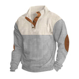 Herren nan strukturiertes Rugby-Pullover mit Stehkragen, Knopfleiste und Leder-Ellenbogenpatches Drune in Apricot + Hellgrau