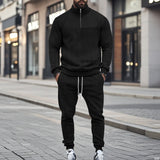 Herren nan Strick-Trainingsset mit halbem Reißverschluss, Zopfmuster-Pulli und Kordelzug-Jogger Drune in Schwarz