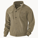 Herren nan strukturierte Cord-Workerjacke mit verdeckter Kapuze, Druckknopfverschluss und aufgesetzten Brusttaschen Drune in Khaki