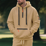 Herren nan technischer Freizeit-Hoodie mit kurzem mittigem Reißverschluss, Reißverschluss-Kängurutasche und Ärmeltasche Drune in Khaki