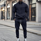 Herren nan Strick-Trainingsset mit halbem Reißverschluss, Zopfmuster-Pulli und Kordelzug-Jogger Drune in Navyblau
