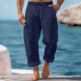 Herren nan lässige atmungsaktive Leinenhose mit Kordelzug Knopfleiste und aufgerollten Bündchen Drune in Navyblau
