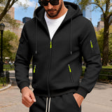 Herren nan Kapuzen-Sweatjacke mit durchgehendem Reißverschluss, mehreren Reißverschlusstaschen und Ärmel-Pocket Drune in Schwarz