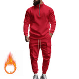 Herren nan Strick-Trainingsset mit halbem Reißverschluss, Zopfmuster-Pulli und Kordelzug-Jogger Drune in Feuerrot