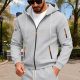 Herren nan Kapuzen-Sweatjacke mit durchgehendem Reißverschluss, mehreren Reißverschlusstaschen und Ärmel-Pocket Drune in Hellgrau