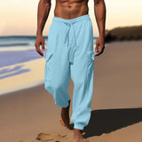 Herren nan luftige Leinen-Mix Strandhose mit Cargo-Taschen und elastischem Saum Drune in Hellblau