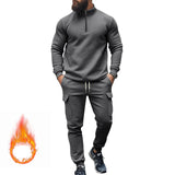 Herren nan Strick-Trainingsset mit halbem Reißverschluss, Zopfmuster-Pulli und Kordelzug-Jogger Drune in Dunkelgrau