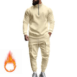 Herren nan Strick-Trainingsset mit halbem Reißverschluss, Zopfmuster-Pulli und Kordelzug-Jogger Drune in Apricot