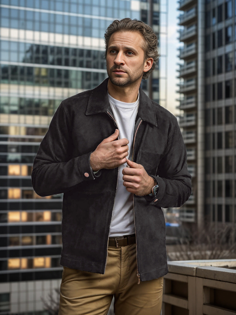 Herren Wildlederjacke mit modernem Stehkragen und praktischen Taschen Aliams