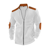 Herren nan Stehkragen-Sweatjacke mit feiner Rippstruktur, Ellbogen-Patches und kontrastierenden Schulterdetails Drune in Weiß