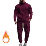 Herren nan Strick-Trainingsset mit halbem Reißverschluss, Zopfmuster-Pulli und Kordelzug-Jogger Drune in Weinrot