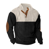 Herren nan gerippter Pullover mit Stehkragen, Knopfleiste und Ellbogen-Patches Drune in Apricot + Schwarz