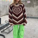 Damen nan oversized Strickpullover mit Herz-Intarsie und Chevron-Muster Drune in Kaffee