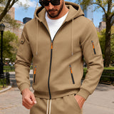 Herren nan Kapuzen-Sweatjacke mit durchgehendem Reißverschluss, mehreren Reißverschlusstaschen und Ärmel-Pocket Drune in Kamel