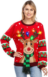 Damen nan weihnachtlicher Strickpullover mit Rentierapplikation integrierter Lichterkette und dreidimensionalem Nasenpompom Drune in Rot