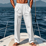 Herren nan maritime Freizeit-Leinenhose mit weitem Bein elastischem Tunnelzug und Bundfalten Drune in Weiß