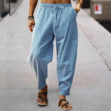Herren nan entspannte Harem-Loungehose aus Leinenmix mit weitem Bein, elastischem Bund, Kordelzug und seitlichen Eingrifftaschen Drune in Hellblau
