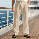 Herren nan elegante Leinenhose mit Bügelfalte Tunnelzugbund und weitem Bein Drune in Khaki