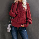 Damen nan Zopfmuster-Strickpullover mit Rollkragen und Ballonärmeln Drune in Weinrot