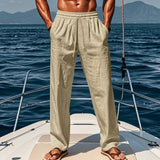 Herren nan maritime Freizeit-Leinenhose mit weitem Bein elastischem Tunnelzug und Bundfalten Drune in Khaki