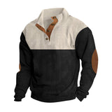 Herren nan grober Rippstrick-Pullover mit Stehkragen, Knopfleiste und markanten Ellenbogenpatches Drune in Apricot + Schwarz