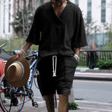Herren nan lässiges Strick-Set mit V-Ausschnitt, Kurzarm-Oversize und Kordelshorts Drune in Schwarz