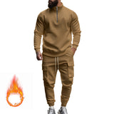 Herren nan Strick-Trainingsset mit halbem Reißverschluss, Zopfmuster-Pulli und Kordelzug-Jogger Drune in Braun