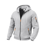 Herren nan funktionale Kapuzen-Sweatjacke mit durchgehendem Reißverschluss, Ärmeltasche und wasserabweisenden Reißverschlüssen Drune in Hellgrau