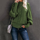 Damen nan Zopfmuster-Strickpullover mit Rollkragen und Ballonärmeln Drune in Olivgrün